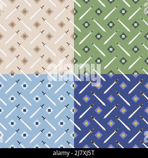 set of seamless patterns with geometric  knight swords for wall wallpaper and toy packaging. Ornament for decoration and printing on fabric. Design el Stock Vector