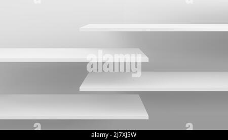 Long 3d empty blank wooden or plastic shelves mockup on wall. Template of shop book and magazine store organization for merchandising and marketing. V Stock Vector