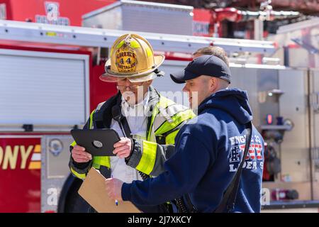 One person died and eight others were hurt, including three firefighters after a fire broke out in a home in the Fordham section of the Bronx, NY May 10, 2022. The four alarm fire tore through a two story home on 2194 Valentine Avenue, FDNY Acting Chief of Fire Operations Richard Blatus said that one person was found inside the home and pronounced deceased on the scene. (Photo by Steve Sanchez/SipaUSA). Stock Photo