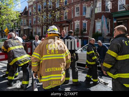 One person died and eight others were hurt, including three firefighters after a fire broke out in a home in the Fordham section of the Bronx, NY May 10, 2022. The four alarm fire tore through a two story home on 2194 Valentine Avenue, FDNY Acting Chief of Fire Operations Richard Blatus said that one person was found inside the home and pronounced deceased on the scene. (Photo by Steve Sanchez/SipaUSA). Stock Photo