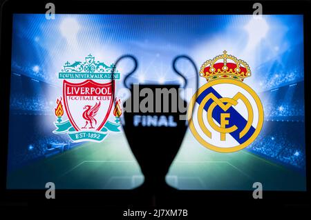 PARIS, FRANCE, MAY. 8. 2022: FC Liverpool (ENG) vs Real Madrid (ESP). UEFA Champions League Final 2022 in Paris, France, football soccer, Black UCL Tr Stock Photo