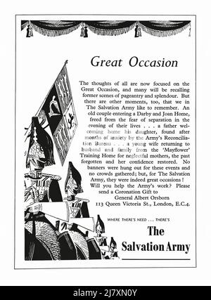 A 1953 advert for The Salvation Army. The advert appeared in a magazine published in the UK in June that year – the issue was a special edition, published to mark the coronation of Queen Elizabeth. The illustration shows guardsmen on horseback. The request is for a ‘Coronation Gift’ of money to assist in their charitable work. Terms that would probably be no longer used are included, such as ‘training’ for ‘neglectful mothers’. The Salvation Army (TSA) is a Protestant church and an international charitable organisation based in London, England, UK – vintage 1950s graphics for editorial use. Stock Photo