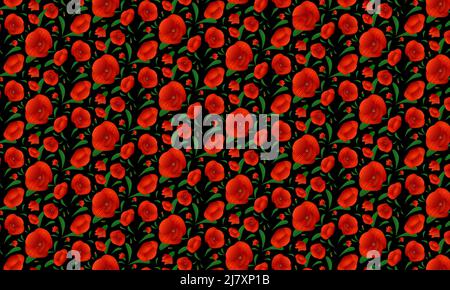 Red poppy on a black background, bright pattern contrast color, flower poppy blossom illustration vector Stock Vector