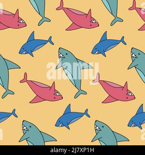 Shark cute design with sea animals toothy shark, seamless pattern for textile design and wrapping paper Stock Vector