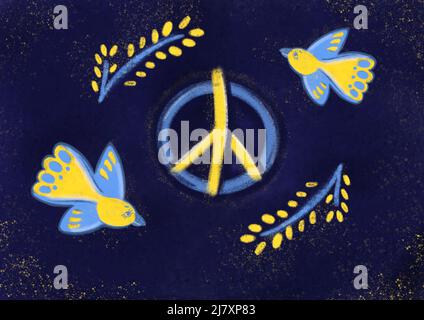 War in Ukraine with Russia. Birds and peace symbol. Posters depicting the symbols of Ukraine depicting peace and no war. Pencil drawing sun.  Stock Photo