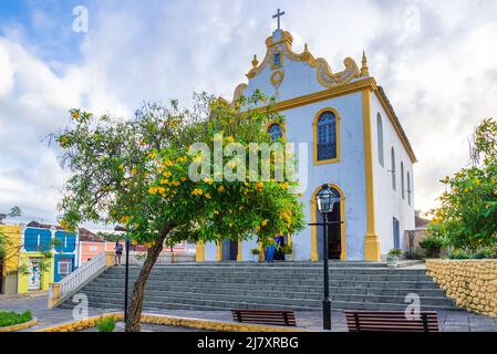 Front facade of colonial catholic church in the countryside of Brazil Stock Photo