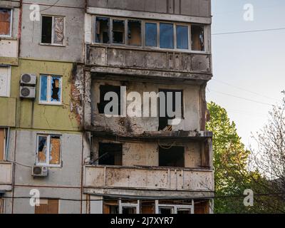 Kharkiv, Kharkov, Ukraine - 05.07.2022: burnt destroyed balconies windows broken building military aftermath war consequences of missile attack Stock Photo