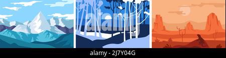 Panoramic landscapes and views, winter mountains with peak covered with snow. Trekking and camping in forest or park. Hot desert with cliffs and sandy Stock Vector