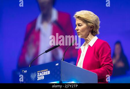 Ursula von der Leyen, the first female President of the European Commission seen during EPP Congress in Zagreb. Ursula Gertrud von der Leyen is a German and European Union politician who has been President of the European Commission since 1 December 2019. She served in the German federal government from 2005 to 2019, holding successive positions in Angela Merkel's cabinet, most recently as minister of defence. Von der Leyen is a member of the centre-right Christian Democratic Union (CDU) and its EU counterpart, the European People's Party (EPP). Stock Photo