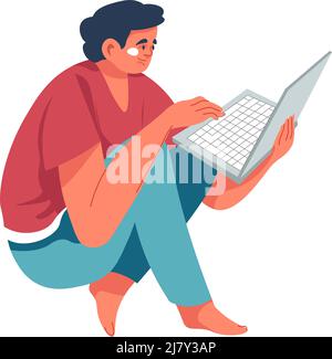 Male character working on laptop, modern technologies and devices for studying and education, entertainment and fun. Man student typing info on a gadg Stock Vector
