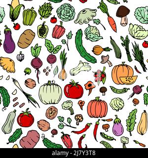 Delicious vegetables. Garden fruits. Edible food plants. Hand drawn outline. Seamless pattern. Isolated on white background. Vector Stock Vector