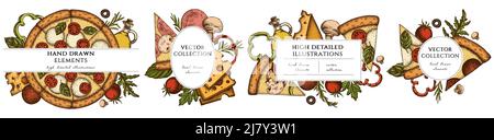 Pizza hand drawn frame templates. Vintage illustrations of greek, margherita, pepperoni, veggie, ham and mushrooms and seafood pizzas. Stock Vector