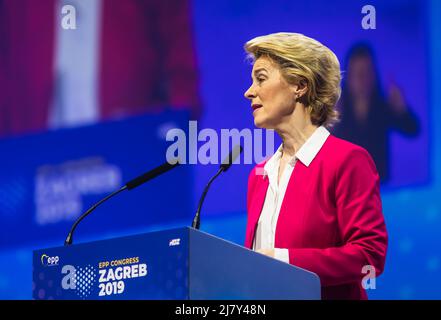 Ursula von der Leyen, the first female President of the European Commission seen during EPP Congress in Zagreb. Ursula Gertrud von der Leyen is a German and European Union politician who has been President of the European Commission since 1 December 2019. She served in the German federal government from 2005 to 2019, holding successive positions in Angela Merkel's cabinet, most recently as minister of defence. Von der Leyen is a member of the centre-right Christian Democratic Union (CDU) and its EU counterpart, the European People's Party (EPP). (Photo by Mykhaylo Palinchak/SOPA Images/Sipa Stock Photo