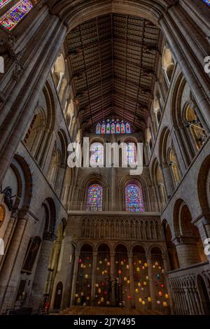 Colourful stained glass windows in the South Transept of Ely Cathedral Stock Photo