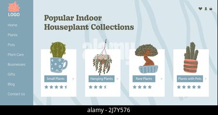 Collection of popular indoor houseplants and flowers. Bonsai tree and cactus, hanging leaves of potted plant. Rating website landing page template, on Stock Vector