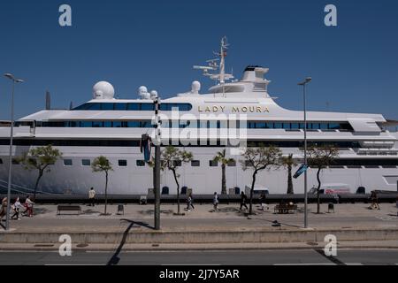 The luxurious private yacht Lady Moura is seen docked at the port of Barcelona Built by the German company Blohm + Voss, the Lady Moura was the ninth largest yacht when she was launched in 1990. Stock Photo