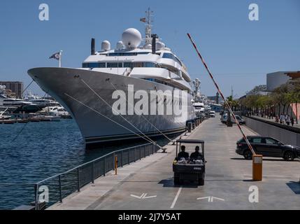 The luxurious private yacht Lady Moura is seen docked at the port of Barcelona Built by the German company Blohm + Voss, the Lady Moura was the ninth largest yacht when she was launched in 1990. Stock Photo