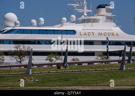 The luxurious private yacht Lady Moura is seen docked at the port of Barcelona Built by the German company Blohm + Voss, the Lady Moura was the ninth largest yacht when she was launched in 1990. Stock Photo