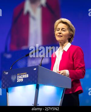 November 20, 2019, Zagreb, Croatia: Ursula von der Leyen, the first female President of the European Commission seen during EPP Congress in Zagreb. Ursula Gertrud von der Leyen is a German and European Union politician who has been President of the European Commission since 1 December 2019. She served in the German federal government from 2005 to 2019, holding successive positions in Angela Merkel's cabinet, most recently as minister of defence. Von der Leyen is a member of the centre-right Christian Democratic Union (CDU) and its EU counterpart, the European People's Party  (Credit Image: © M Stock Photo