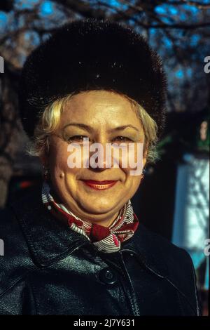 Portrait of middle-aged woman smiling to camera, Lviv, Ukraine, October 1989 Stock Photo