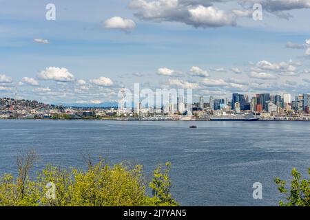 Cascade Mountain can be seen behind the Seattle skyline in Washington State. Stock Photo