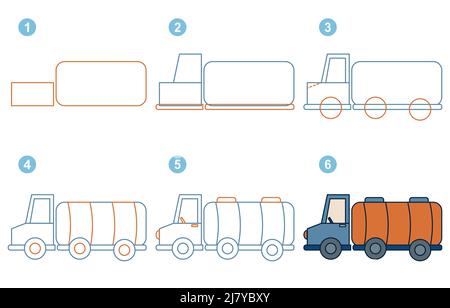 Instructions for drawing fuel tanker. Step by step Stock Vector