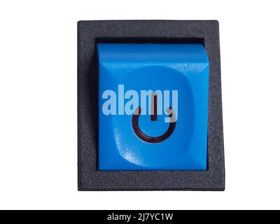 Blue power switch button isolated on white background. Power button, close-up. Stock Photo