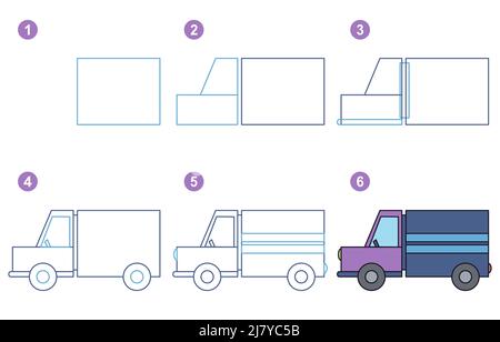 Instructions for drawing truck. Step by step. Stock Vector