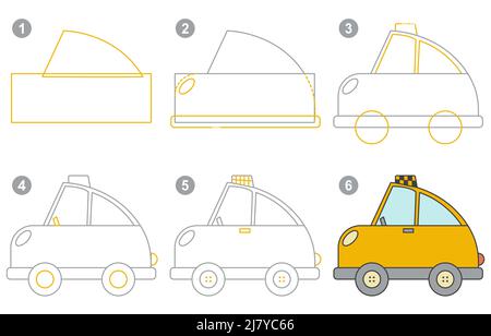 Instructions for drawing taxi. Step by step. Stock Vector