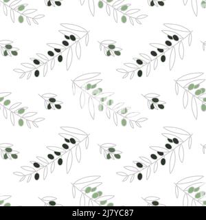 Olive seamless pattern. Olive branch with silvery leaves and green and black olives. Modern trendy design style, home decor, Scandinavian minimalism. Stock Photo