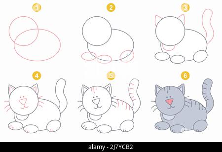 Instructions for drawing kitty. Step by step. Stock Vector