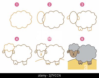 Instructions for drawing lamb. Step by step. Stock Vector