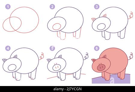 Instructions for drawing pig. Step by step. Stock Vector