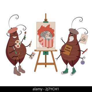 Funny cockroaches drawing human brain on canvas. Stock Vector
