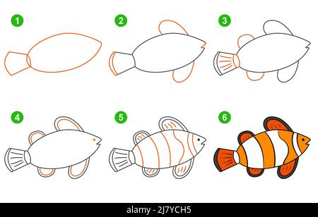Instructions for drawing clown fish. Step by step. Stock Vector