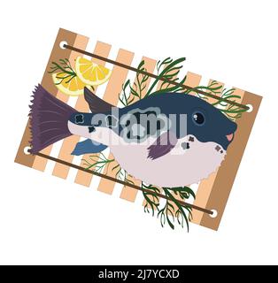 Funny puffer fish on a board with dill and lemons. Stock Vector