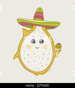 Cute cartoon dragon fruit in mexican sombrero. Stock Vector