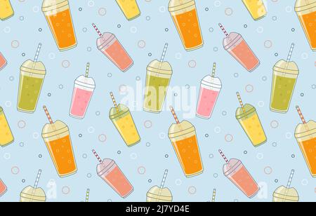 Pattern with fruit cocktails in plastic cups. Stock Vector