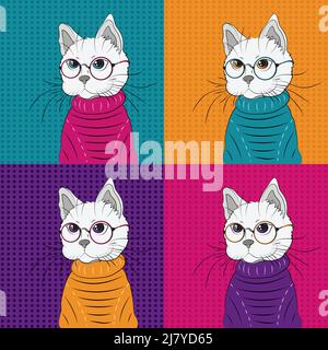 Beautiful white cat in pop art style.  Stock Vector
