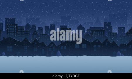 Silhouettes of snowy country houses. Winter night. Stock Vector