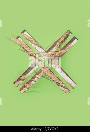 Ears and grains of wheat in a cross shape hole cut into paper. Celiac Disease Awareness Month Concept. Stock Photo