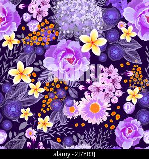Seamless dark background from Violet and yellow flowers. Vector illustration Stock Vector