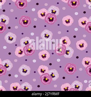 Pink pansies on light purple background, seamless pattern Stock Vector