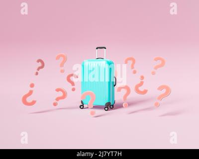 3D illustration of many question marks surrounding blue suitcase as concept of pending vacation against pink background Stock Photo