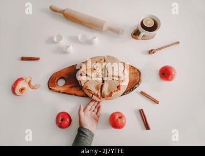 composition with a fresh baked apple pie with ingredients Stock Photo