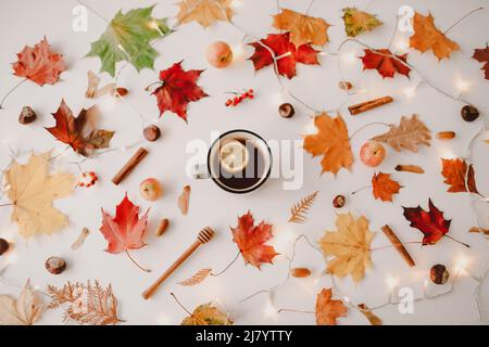 cup of lemon tea in frame of orange and red leaves. Creative autumn pattern, postcard. copy space, top view. Stock Photo
