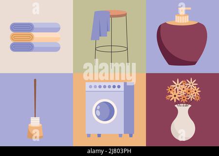 six bathrooms and toilet set icons Stock Vector