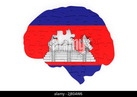 Cambodian flag painted on the brain from puzzles. Scientific research and education in Cambodia concept, 3D rendering isolated on white background Stock Photo