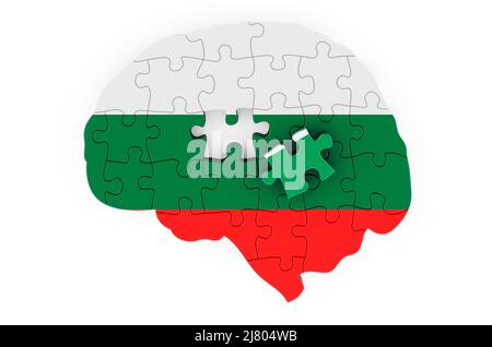 Bulgarian flag painted on the brain from puzzles. Scientific research and education in Bulgaria concept, 3D rendering isolated on white background Stock Photo