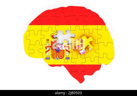 Spanish flag painted on the brain from puzzles. Scientific research and education in Spain concept, 3D rendering isolated on white background Stock Photo